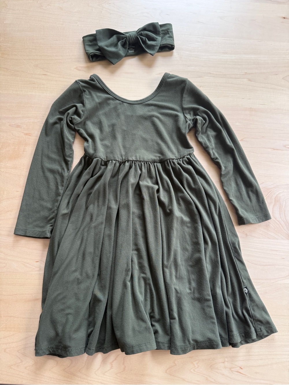 Kyte BABY Long Sleeve Twirl Dress in Fir with Bow Headband 3T